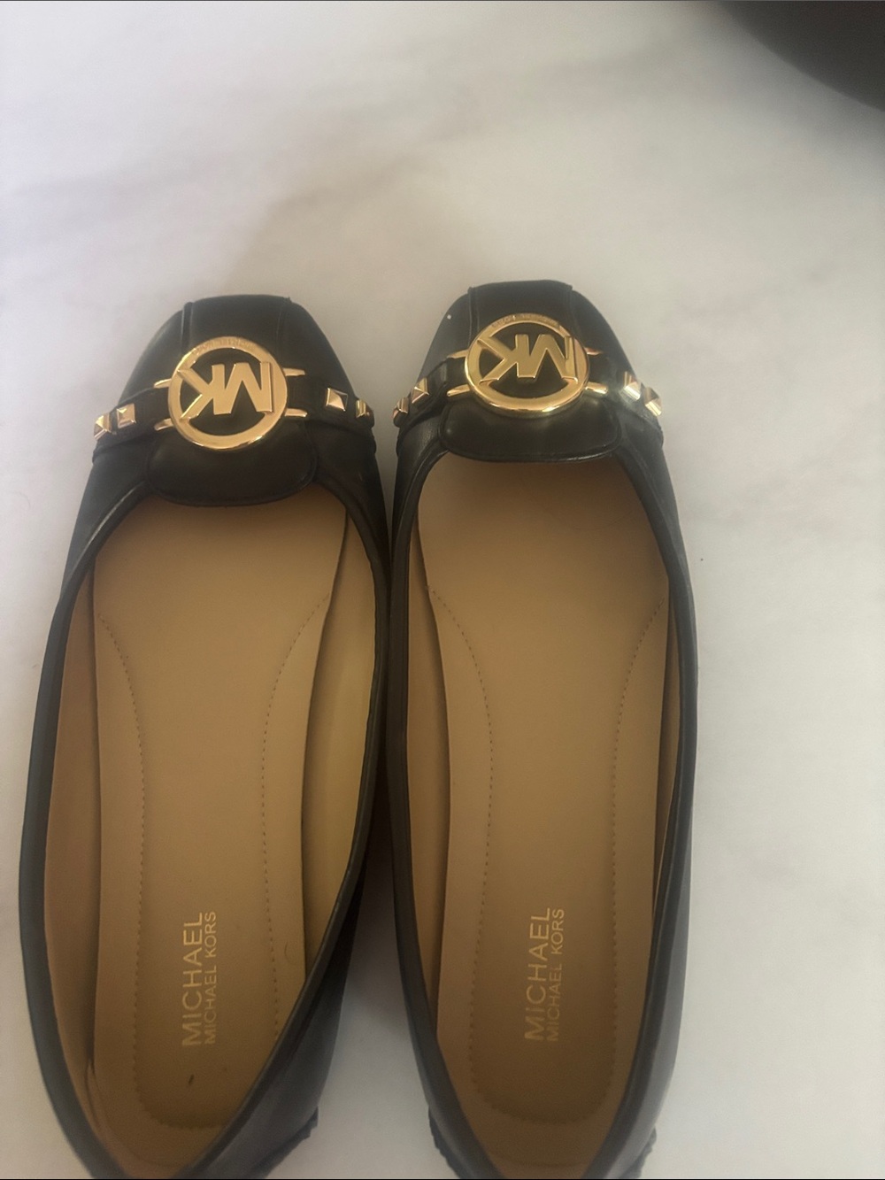 Michael Kors Black Leather Logo Ballet Flats with Gold Accents